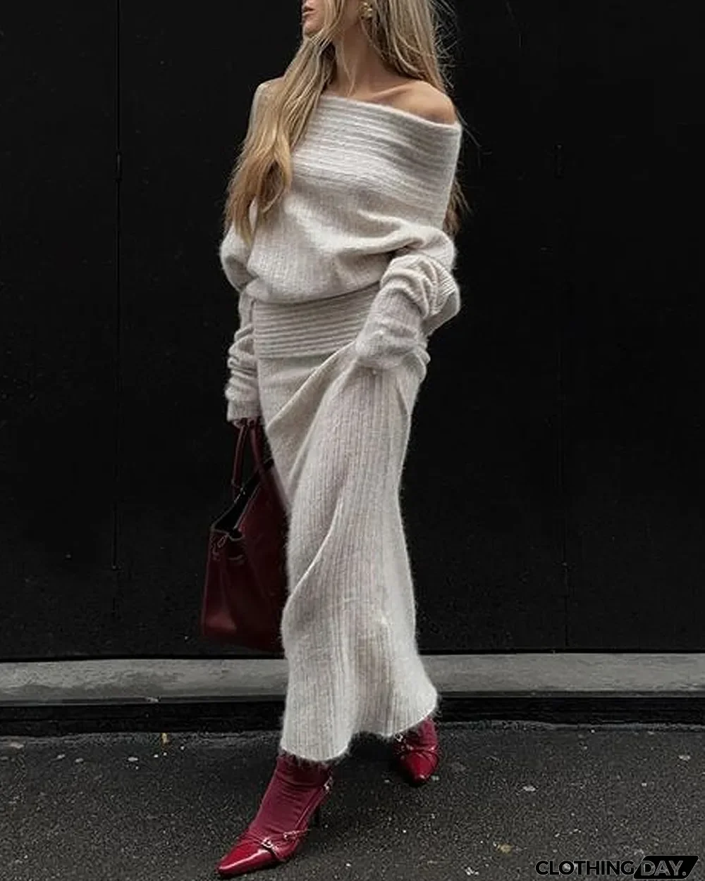 Solid Color One-shoulder Sweater & Skirt Two-piece Set