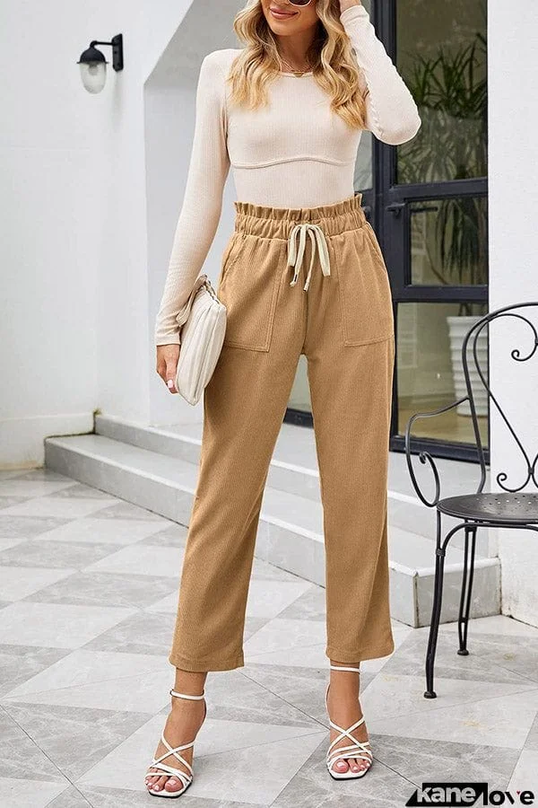 High Waisted Corduroy Pants for Women Drawstring Vintage Casual Loose Pants Fall Clothes