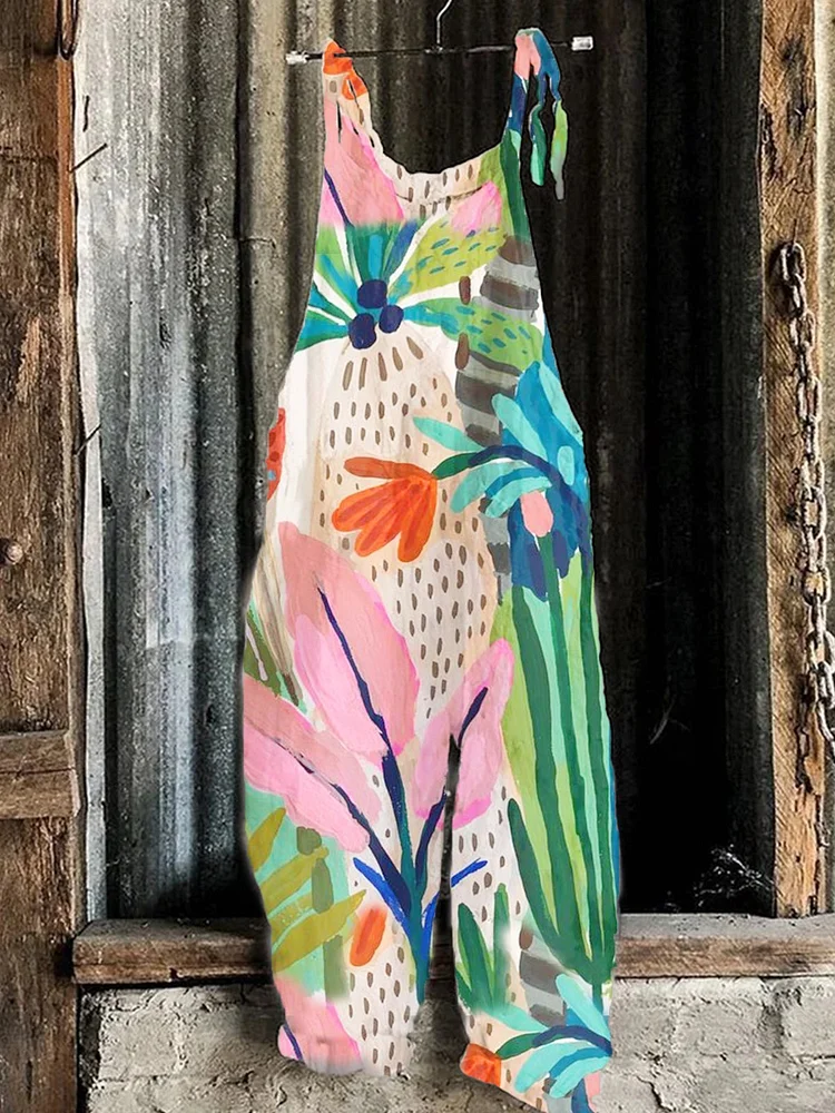 Floral abstract painting print casual jumpsuit