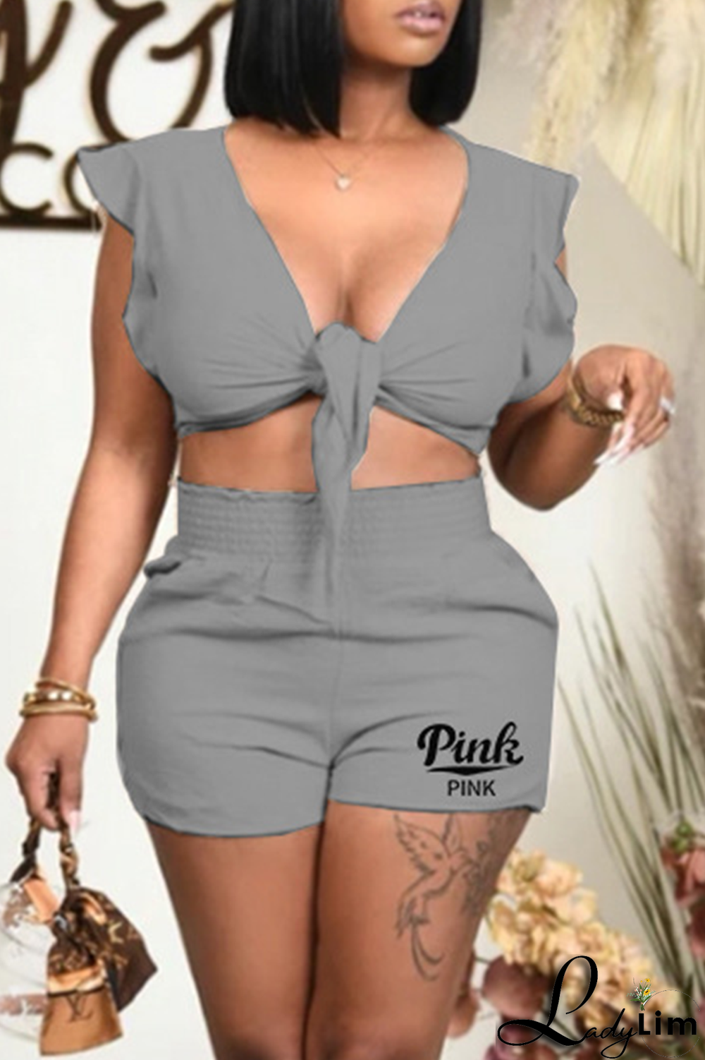 Purple Sexy Print Bandage V Neck Two Pieces