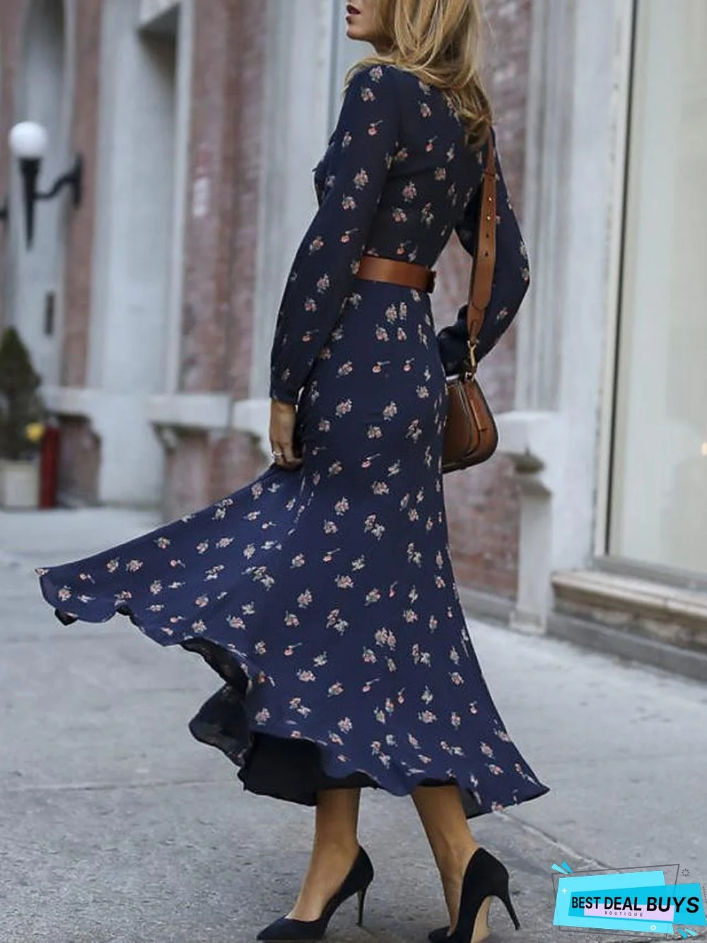 Women's Sheath Dress Maxi Long Dress - Long Sleeve Print Spring Summer Elegant Daily Blue