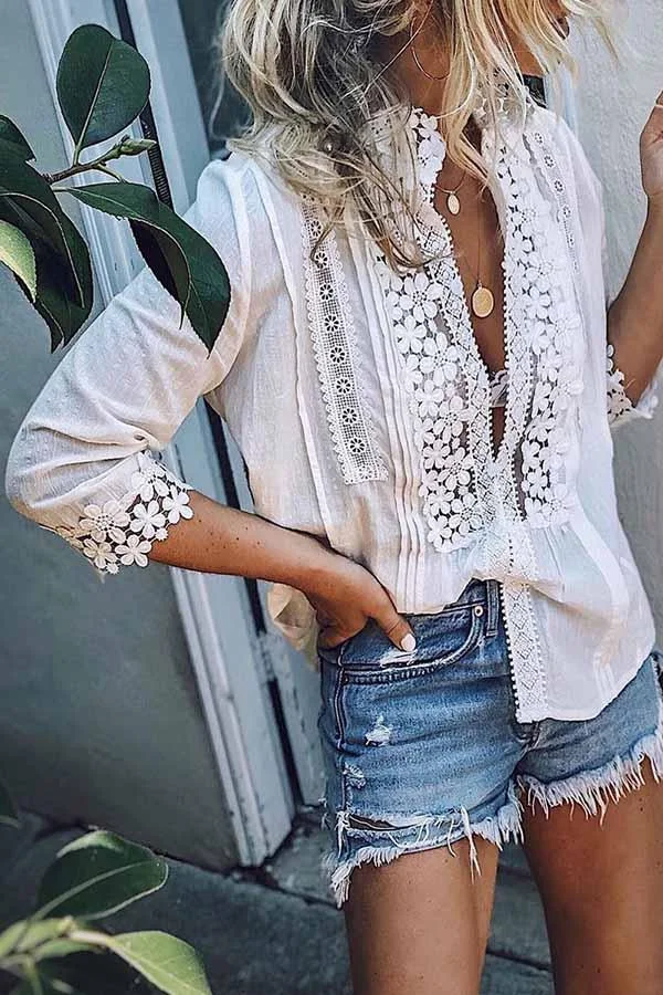 Hollow Solid Color Print Shirt-Allyzone-Allyzone