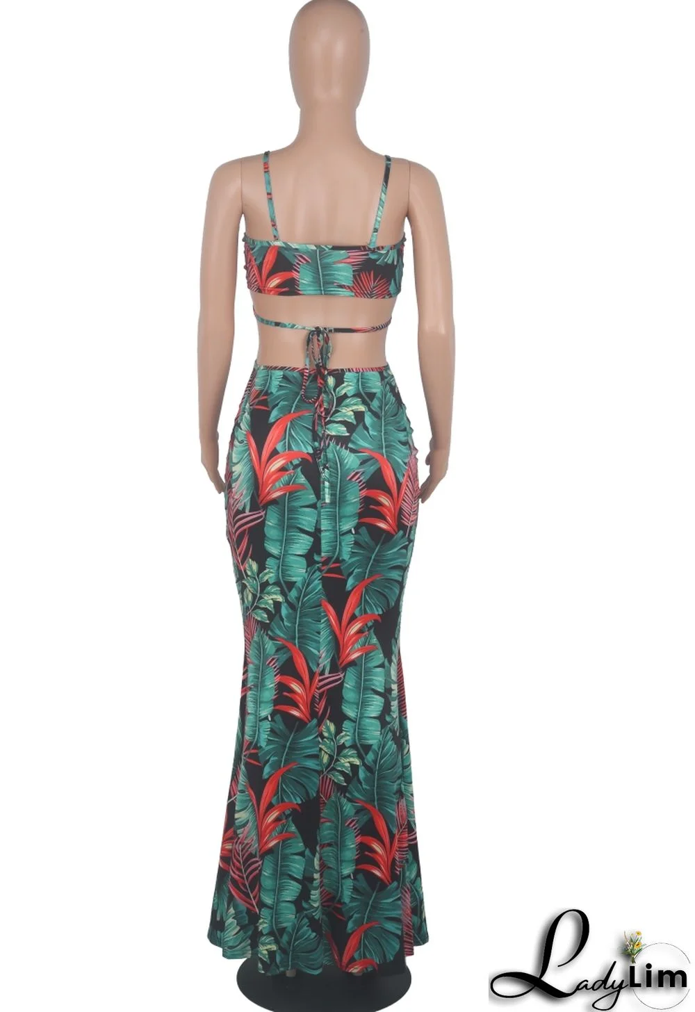 Summer Sexy Floral Green Hollow Out Halter Strap Mermaid Long Dress
