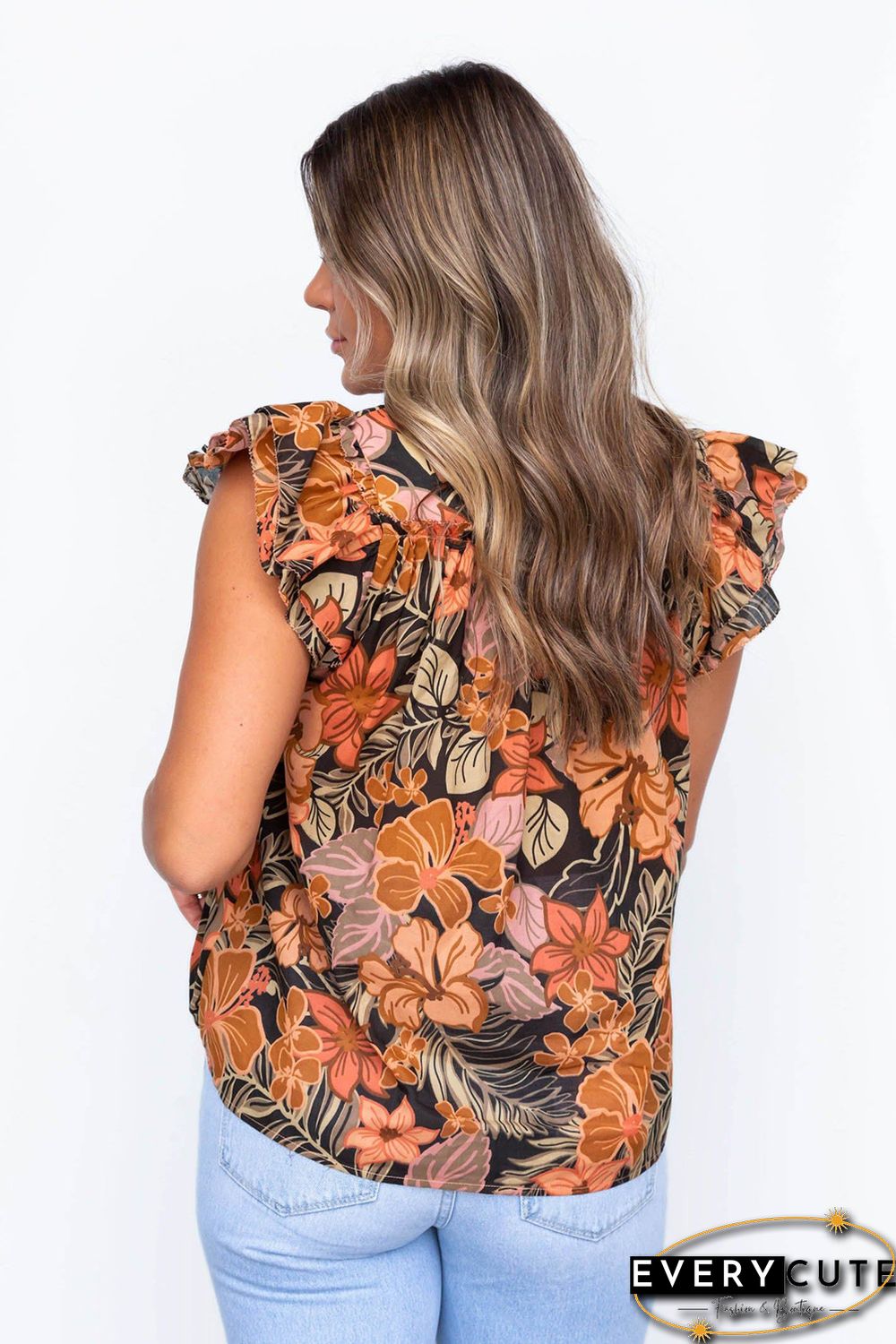 Brown Floral Flutter Sleeves Square Neck Blouse