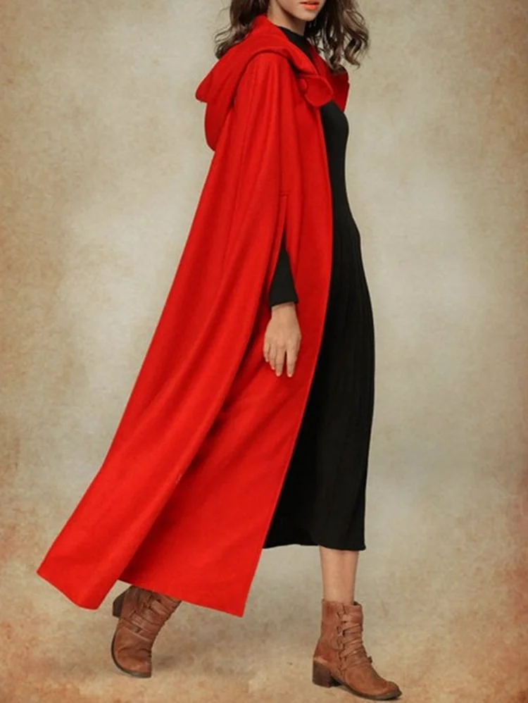 Casual Plain Button Decor Worsted Hooded Coat Cloak