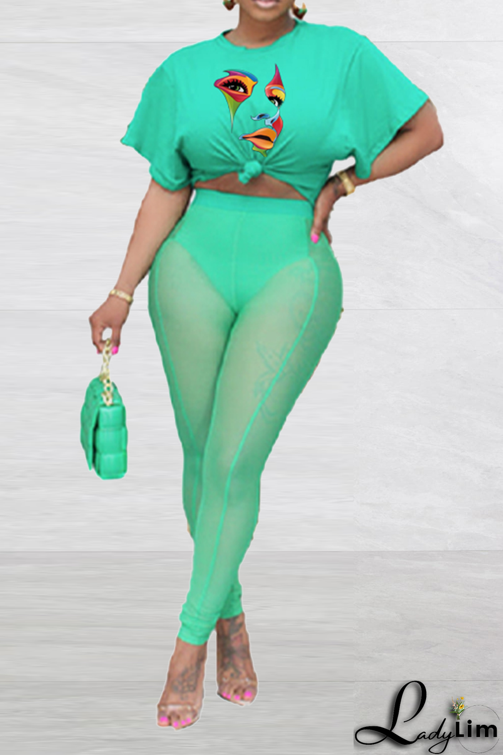 Sky Blue Sexy Print Mesh One Shoulder Short Sleeve Two Pieces