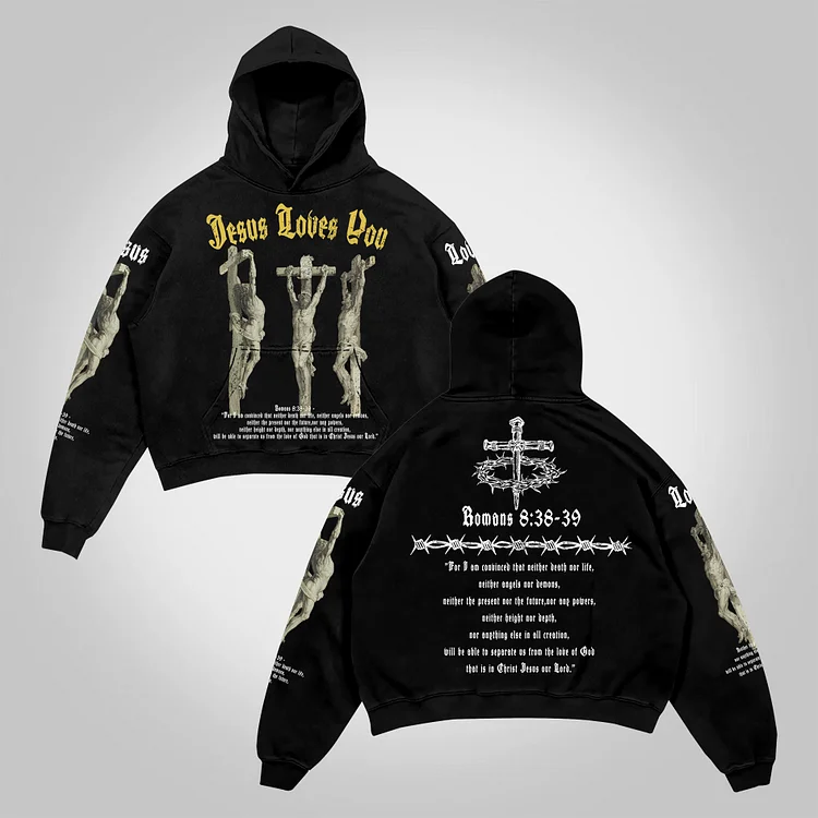 Jesus Portrait Jesus Loves You Bible Graphic Print Pocket Hoodie