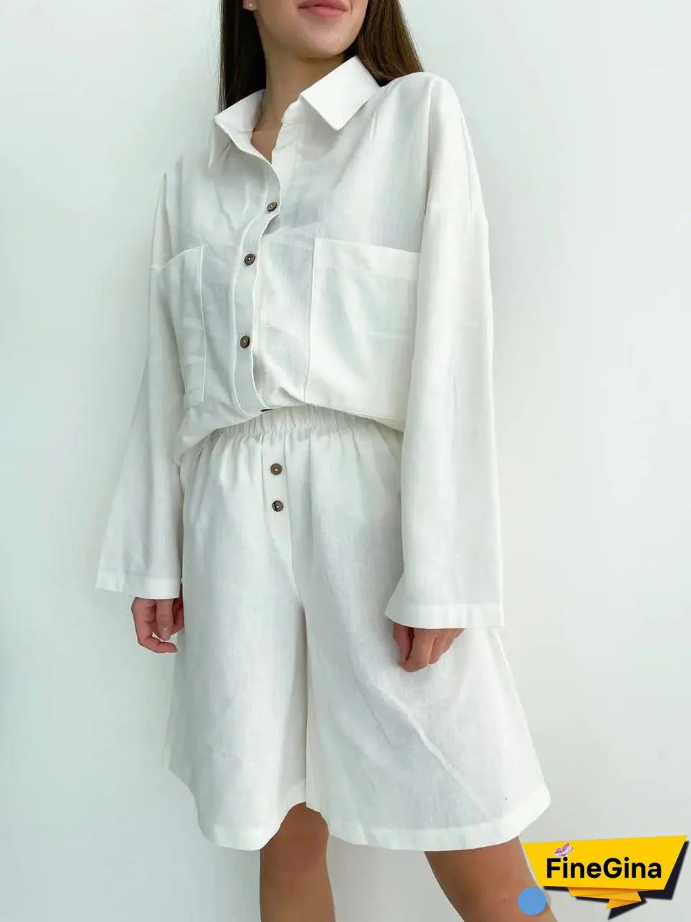Women'S Sets Loose Solid Long Sleeve Shirt & Shorts Two-Piece Set