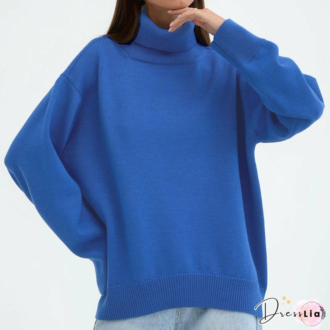 Green Turtleneck Knitted Casual Solid Sweater