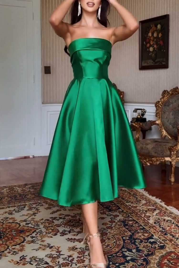 Party Strapless Tunic A-line Midi Dress-Green
