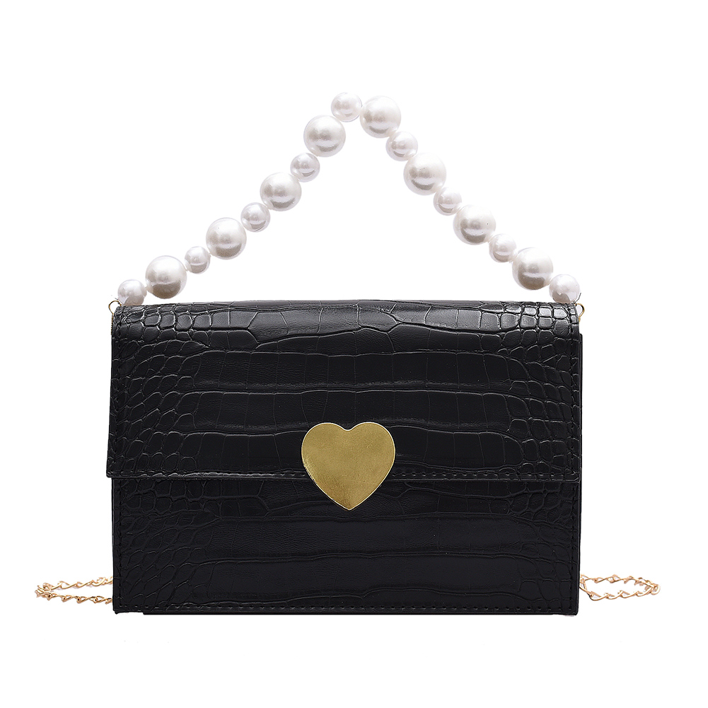 

Alligator PU Shoulder Bag Women Pearl Chain Square Crossbody Pouch -Black, 501 Original