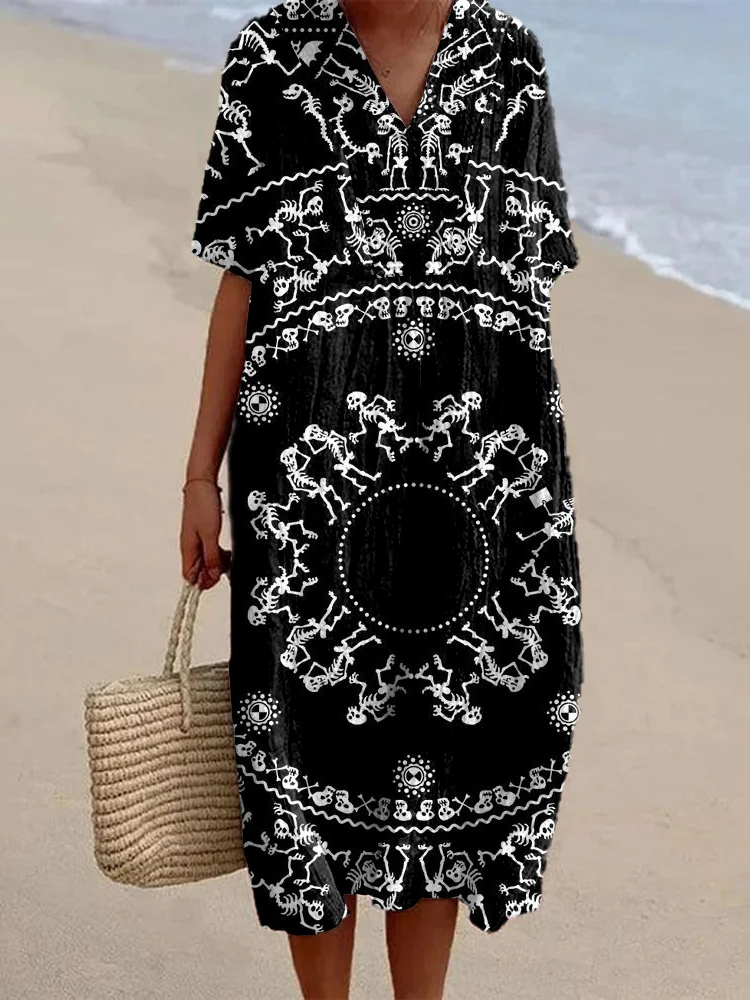 Comstylish Halloween Skull Vintage Print Women's Linen Maxi Dress