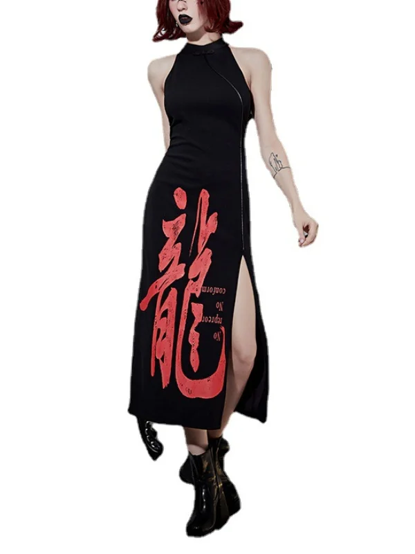 Sexy Sleeveless High Slit Printed Crew Neck High-rise Dress