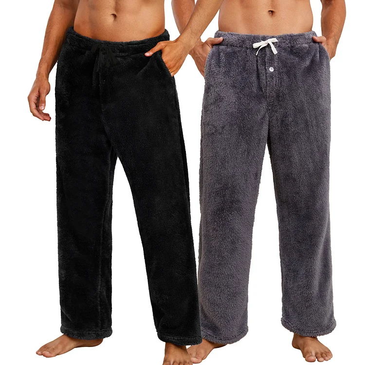 Vulcanodon 2 Pack Mens Plush Warm Pajama Pants, Fluffy Soft Fleece Sleep Pant with Pockets Lounge Pj Bottoms for Men (Black+Dark Grey, L)