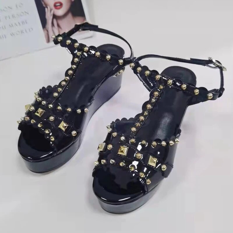 Gold Rhinestone Sandals Woman Open Toe Mixed Color Diamond Rivet Platfrom Wedges Shoes Lady Wedding Shoes
