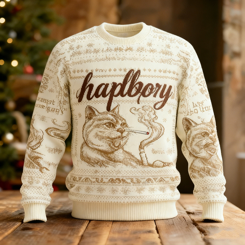 Cute And Fun Quirky Cat Pattern Warm Crew Neck Sweater elevenforest