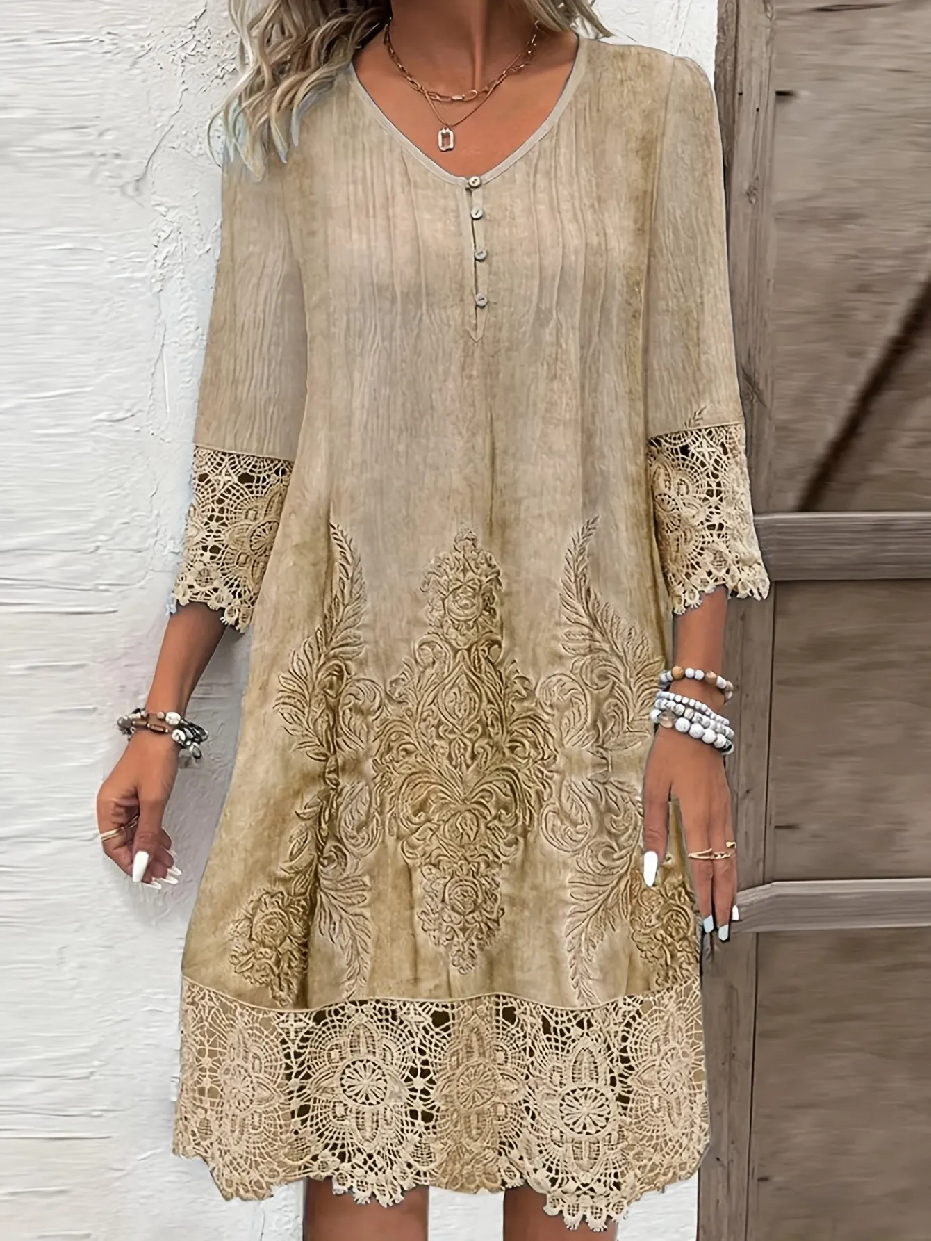 Plus Size Womens Solid Color Lace Dress-Summer Fashionable Three Quarter Sleeve Mid | IFYHOME