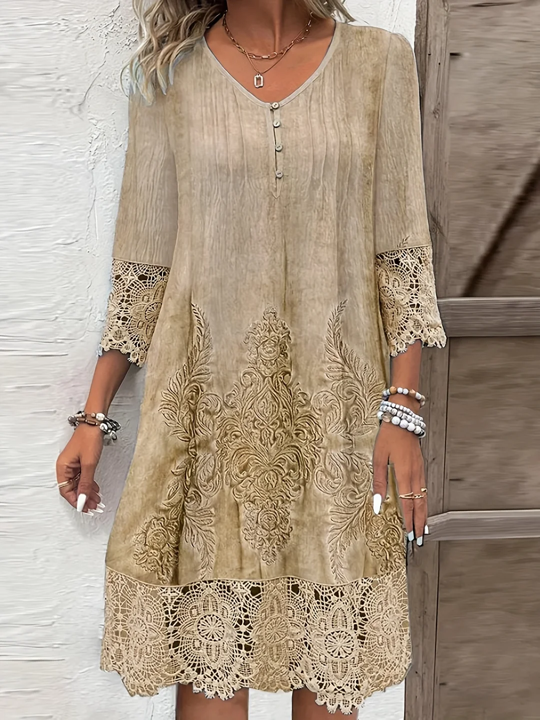 Plus Size - Large Size Women's Solid Color Lace Dress, Summer Fashionable Three Quarter Sleeve Mid Length Skirt | IFYHOME