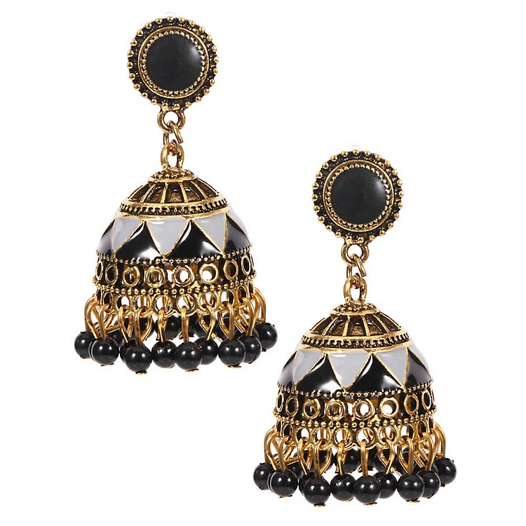 Cwaje05678_Boho Colorful Beaded Tassel Bell Drop Earrings