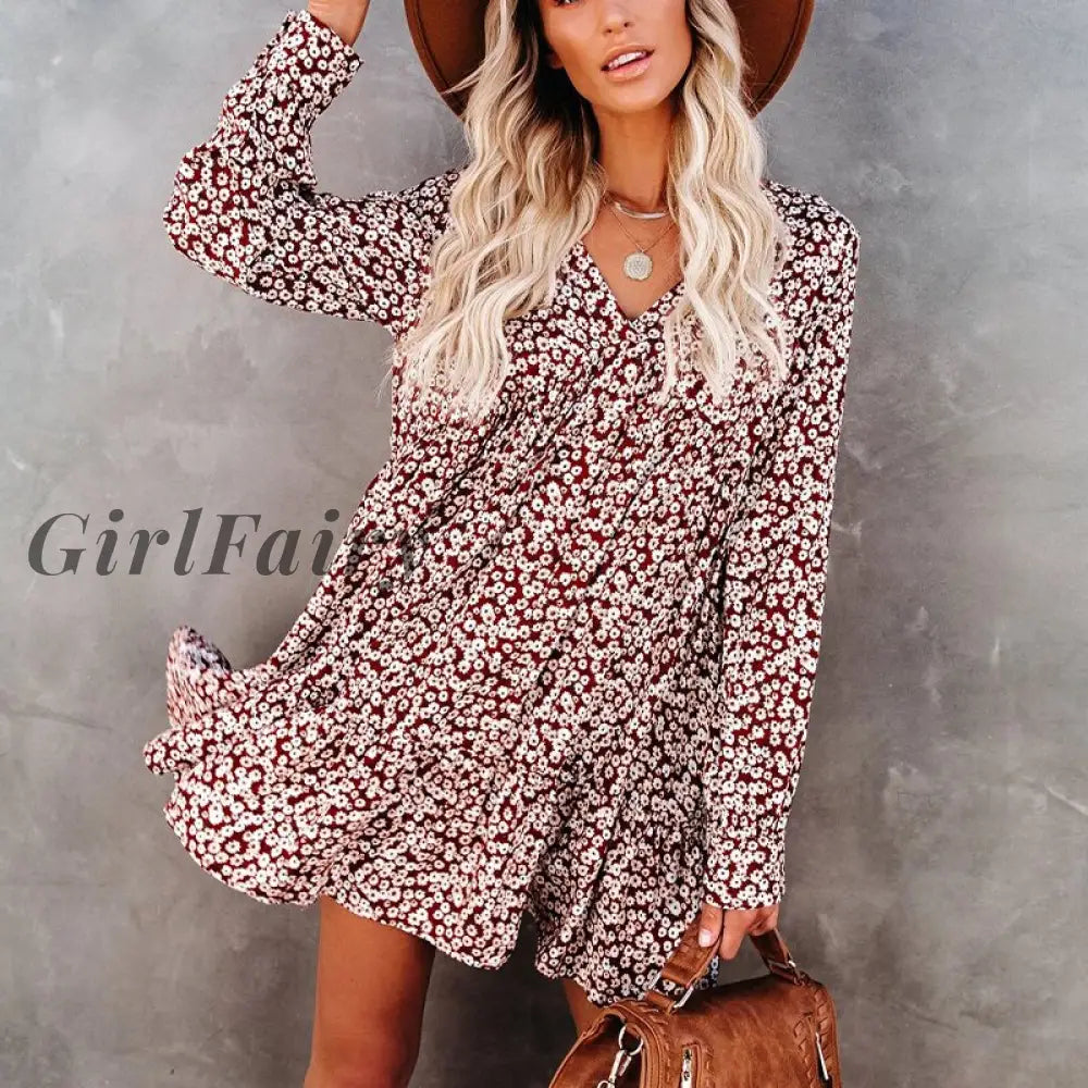 Girlfairy Floral Print Autumn Ruffle Mini Dress For Women Casual V Neck Long Sleeve Loose 2023