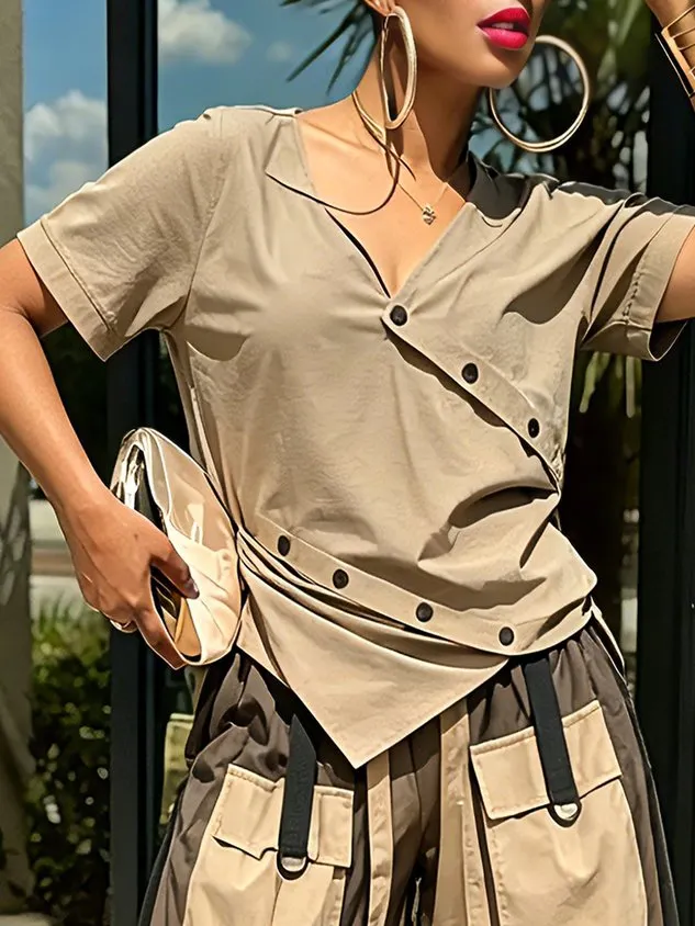 Casual Color Block Buttoned V Neck Blouse mysite idetrend