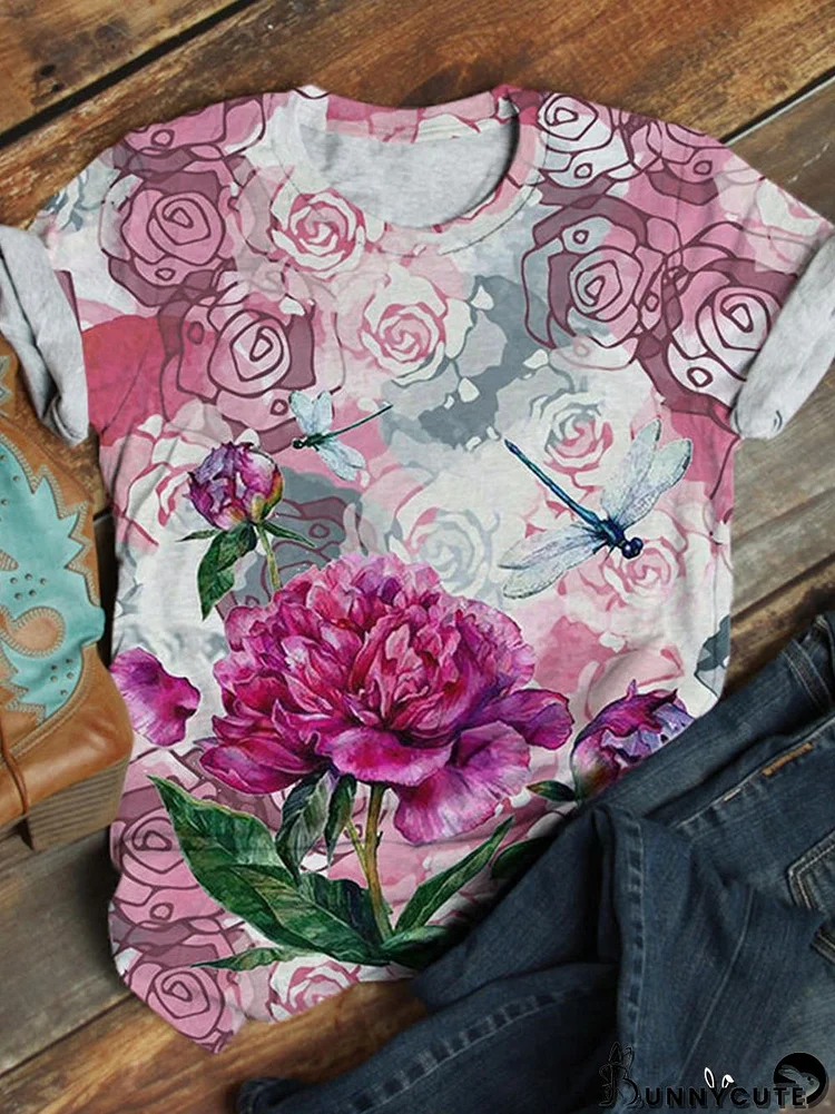 Floral Dragonfly Print Crew Neck T-shirt