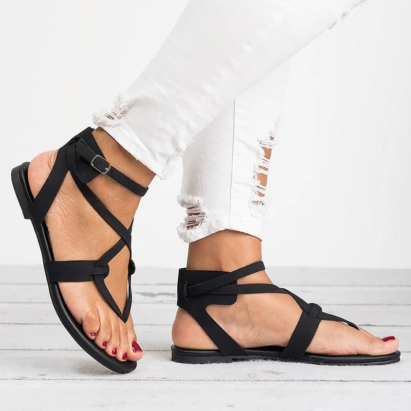 Women Sandals Soft Bottom Flat Sandals Pu Leather Summer Shoes Women Casual Gladiator Sandals Plus Size 43 Beach Shoes Female