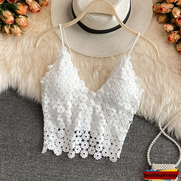 Lace Tank Top Woman Sexy Spaghetti Strap Tanke Tops Women Built In Bra Solid Color Crop Tops Off Shoulder Summer New Ins