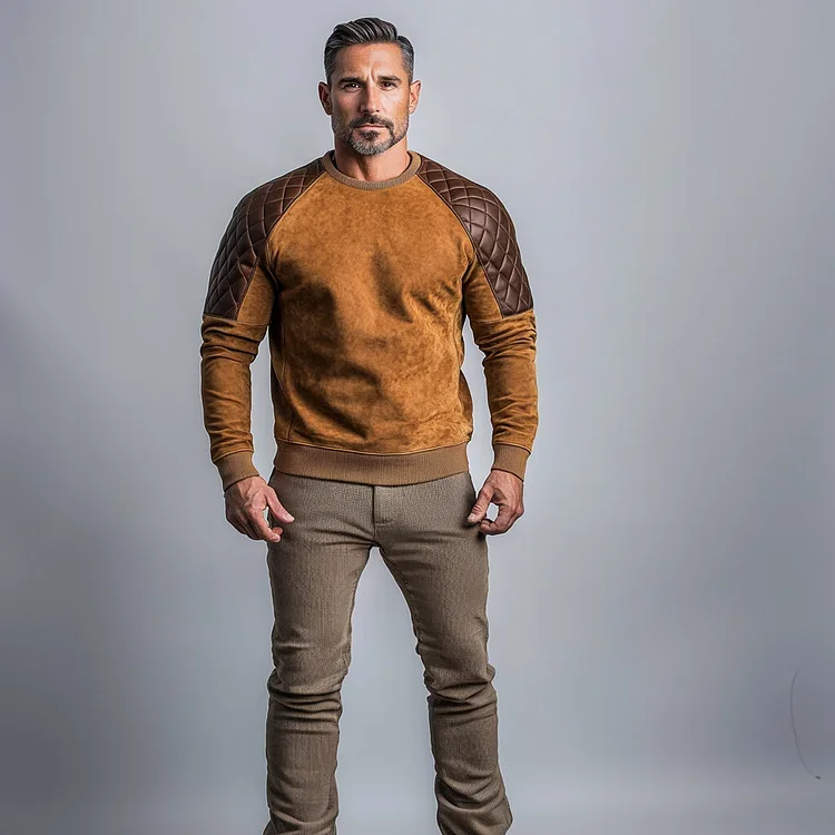 Mens Suede PU Leather Quilted Splicing Long Sleeve Sweatshirt-inspireuse