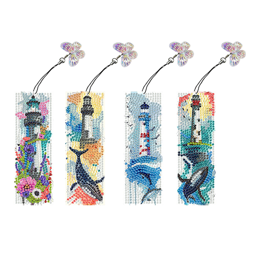 4Pcs Special Shaped Lighthouse Whale 5D DIY Diamond Art Book Mark for Beginners