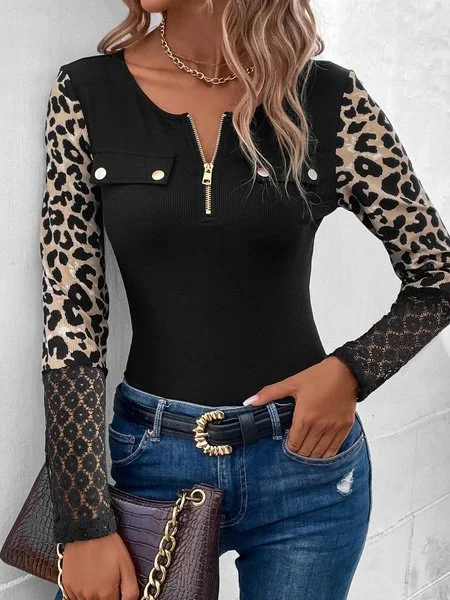 Casual Long sleeve V Neck Leopard Lace T-Shirt