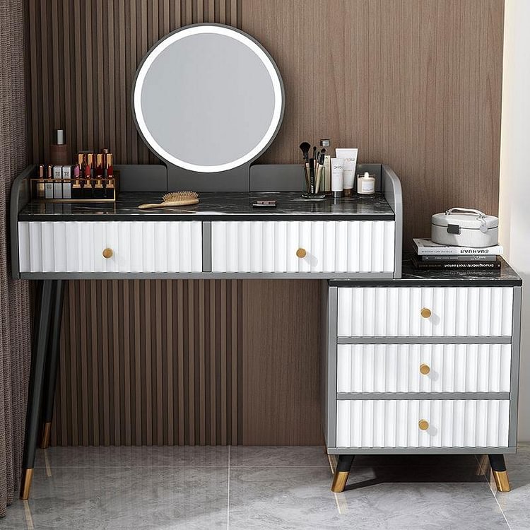 White Round Mirror Multifunctional Storage Drawer Dressing Table