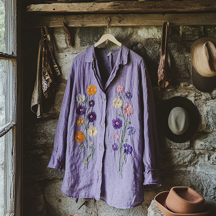 Retro Bohemian Holiday Style Linen Floral Print  Long Sleeve Shirt