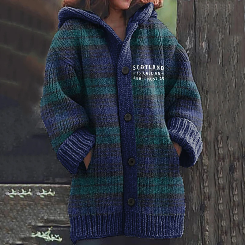 Scotland Is Calling And I Must Go Plaid Knit Hooded Cardigan