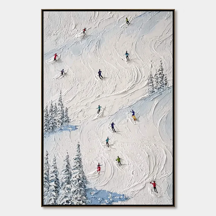 ALPINE RUSH: Heavy Texture Impasto Painting of Skiers on a Mountain Slope（Canvas painting）