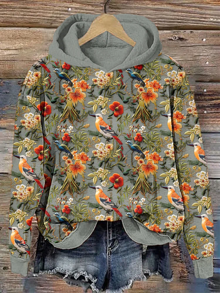 VChics Flower & Bird Embroidery Pattern Casual Cozy Hoodie