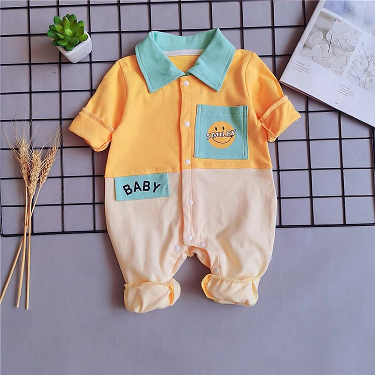 Baby Boy Smiling Face Print Polo Collar Long Sleeve Romper