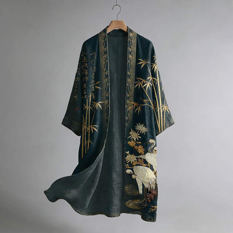 Japanese Vintage Crane With Bamboo Pattern Flowy Linen Long Kimono elevenforest