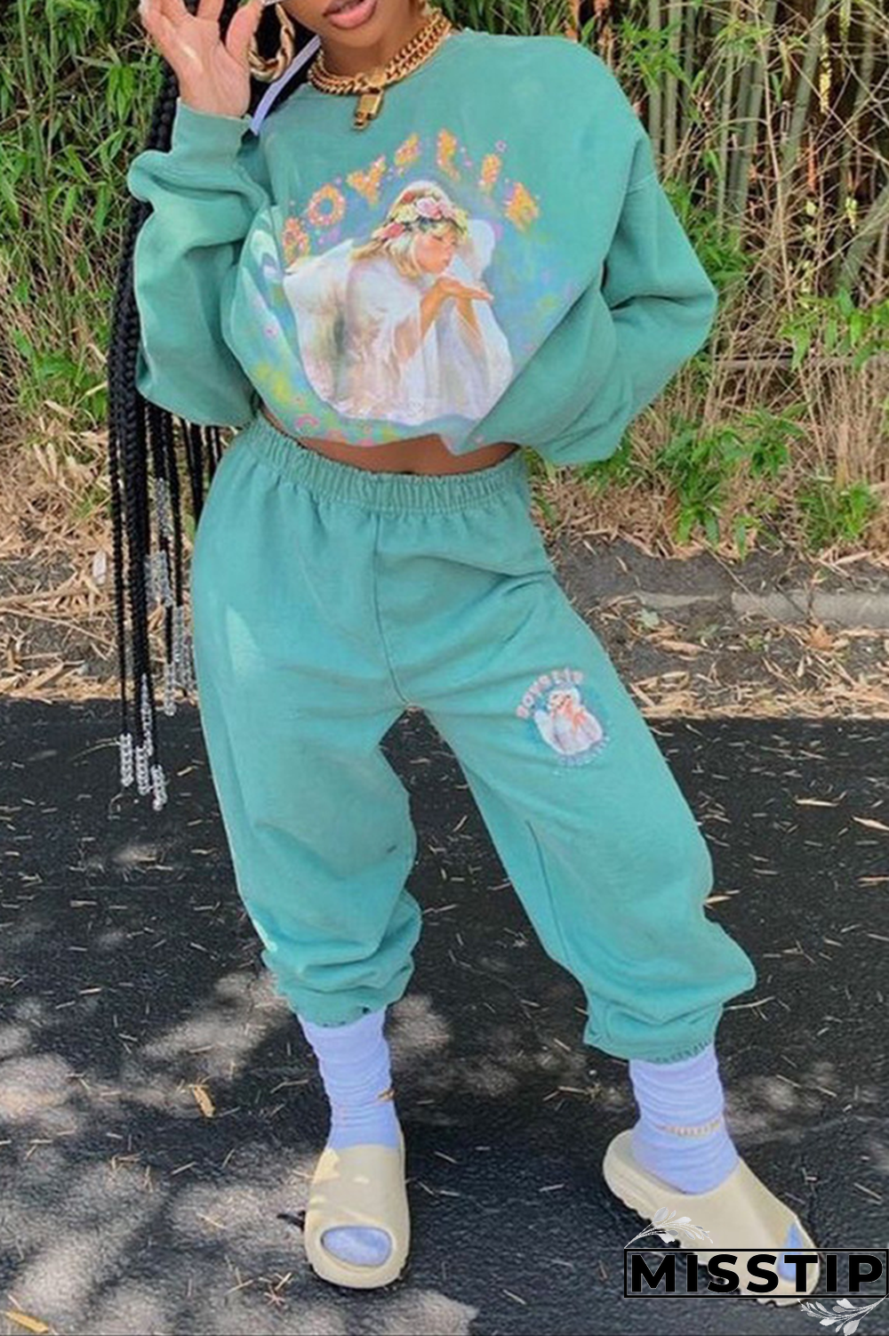 Black Casual Print Patchwork O Neck Long Sleeve Two Pieces