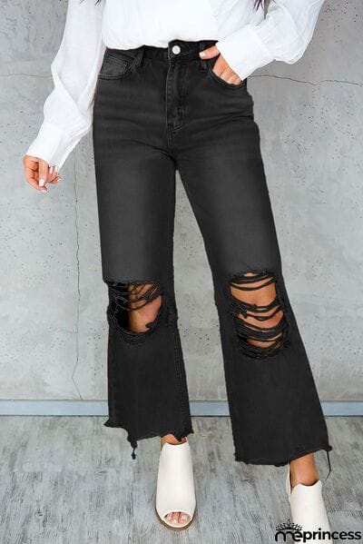 Distressed Raw Hem Jeans with Pockets