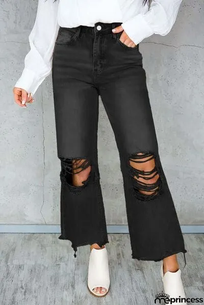 Distressed Raw Hem Jeans with Pockets