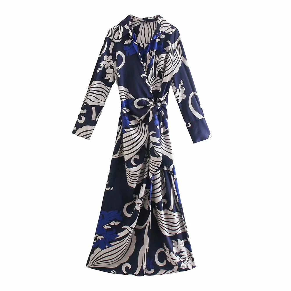 TRAF Women Fashion With Tied Printed Wrap Midi Shirt Dress Vintage Long Sleeve Patch Pocket Female Dresses Vestidos