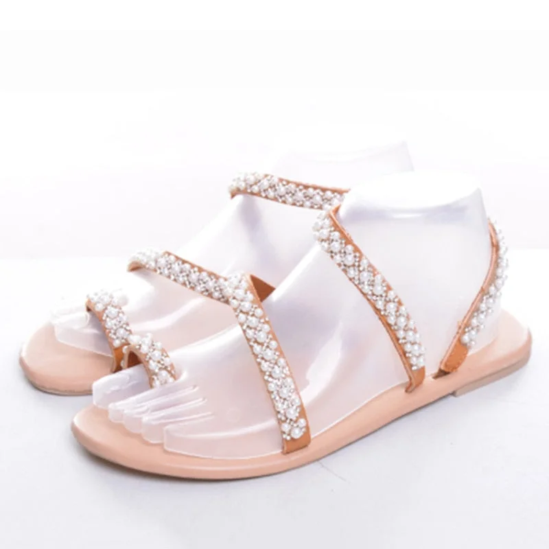 Women Beach Sand Holiday Shoes Summer Flat Sandals Sweet Boho Pearl Decoration Sandals Leather Flats Plus Size