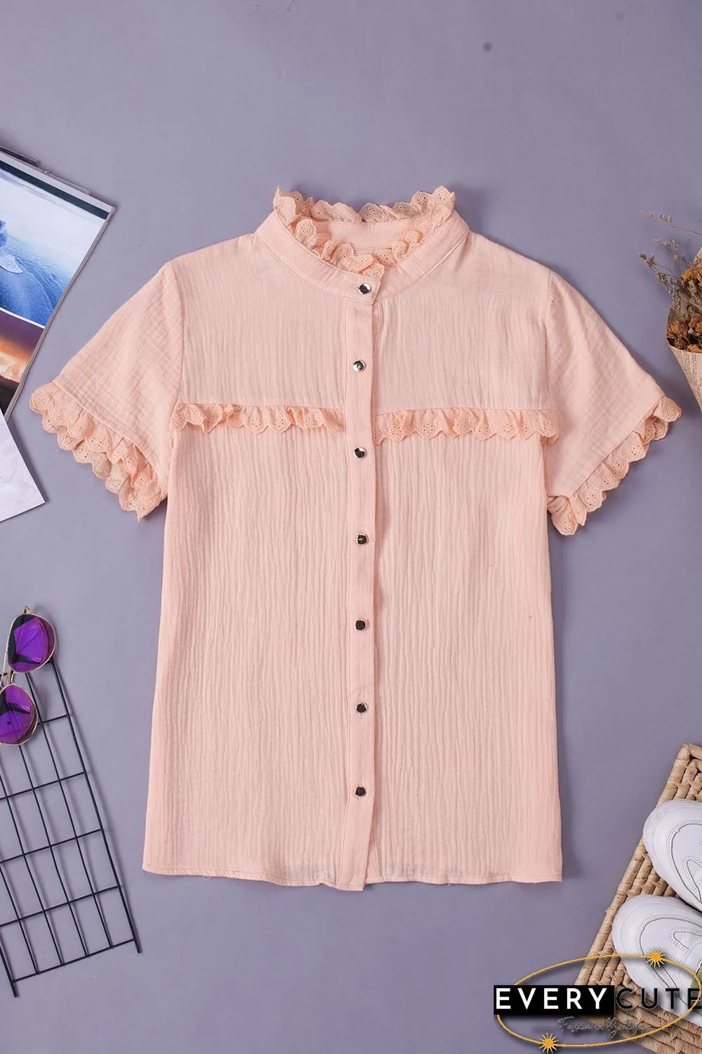 Pink Buttoned Lace Splicing Ruffle Textured Short Sleeve Shirt