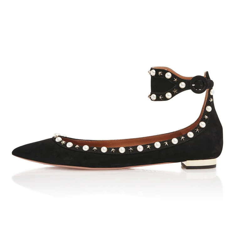 Black Studs Shoes Ankle Strap Comfortable Flats |FSJ Shoes
