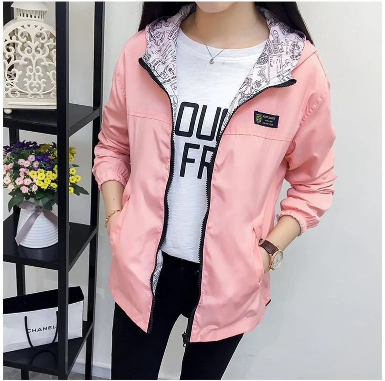 NEEDBO NEW Women Bomber Women Jacket Pocket Hooded Two Side Wear Outwear Windbreaker Famale Zipper Long Sleeve Coat 2021