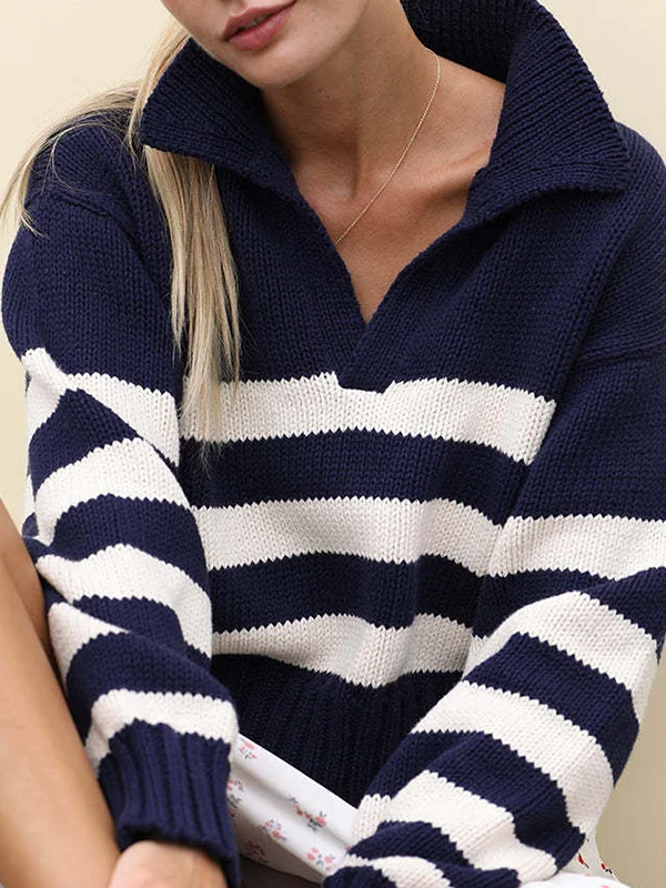 Striped Contrast Color Loose Long Sleeves V-Neck Sweater