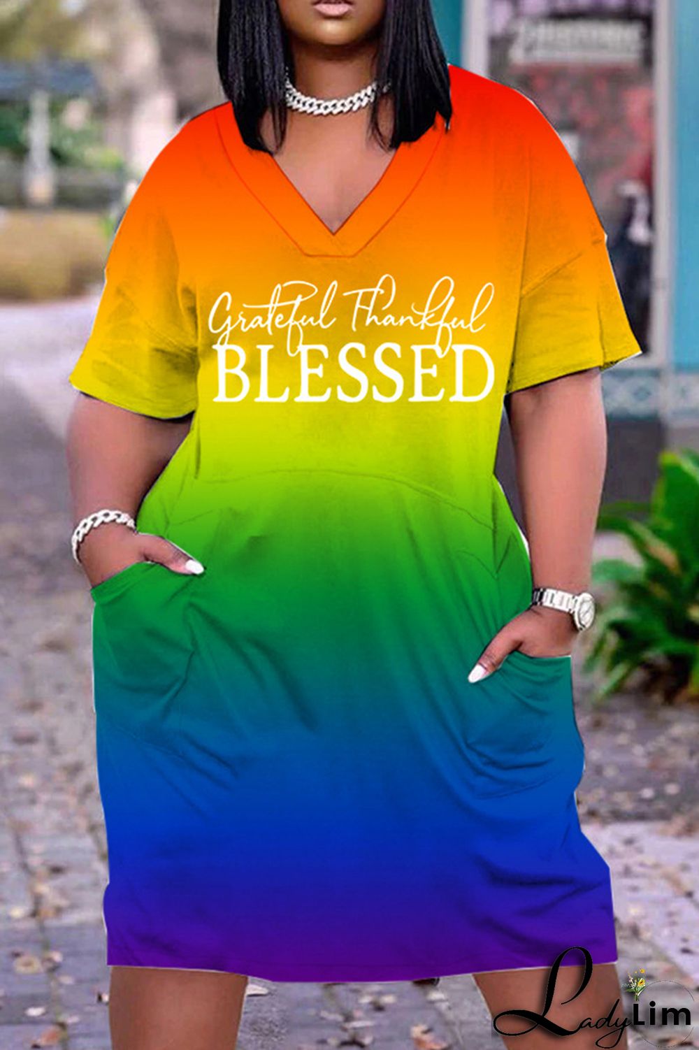 Sky Blue Casual Print Basic V Neck Short Sleeve Dress