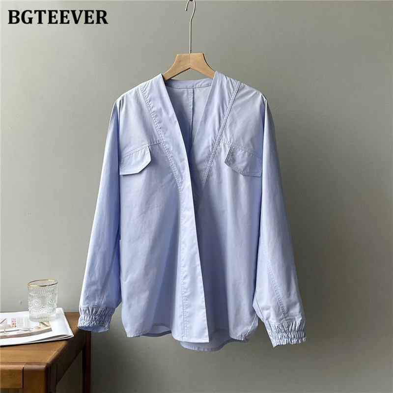 BGTEEVER Casual Oversized Solid Women Blouses Shirts V-neck Full Sleeve Loose Female Tops Shirts 2021 Autumn Ladies Blusas