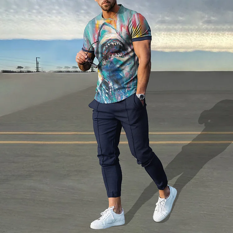 BrosWear Ocean Art Shark Print Print T-Shirt And Pants Co-Ord